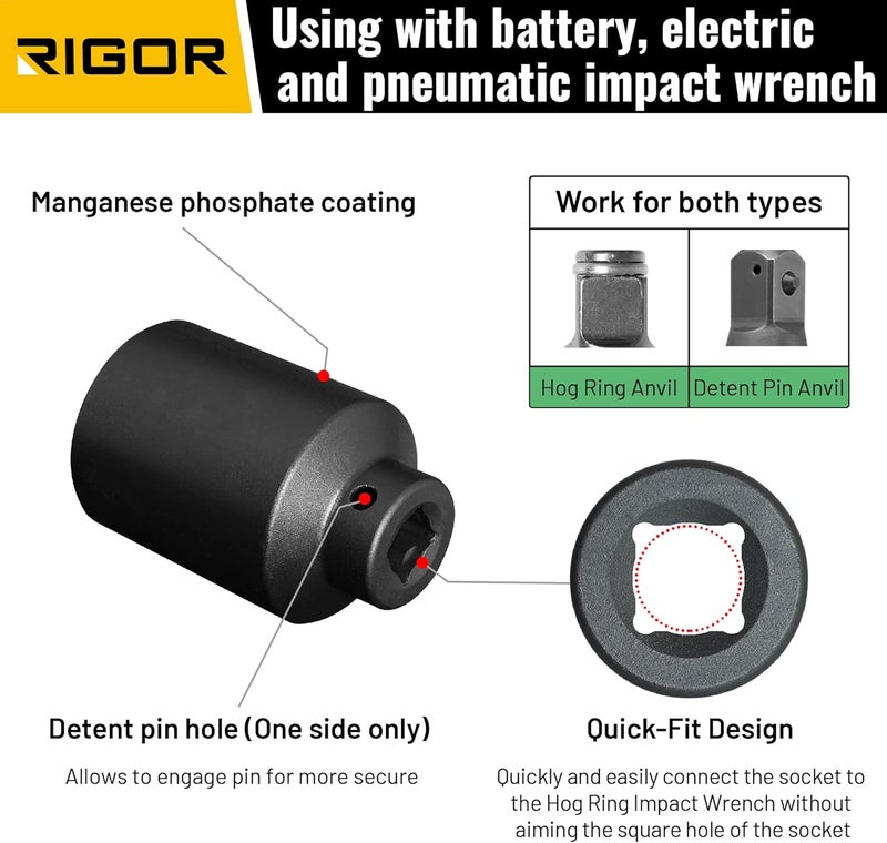 Rigor 11005 33mm Axle Nut Impact Socket | 1/2-Inch Drive, 6 Point, Deep, CR-MO, Metric | Quick-Fit for Hog Ring Anvil | Laser Etched - Image 4