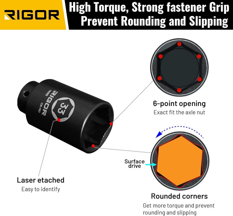 Rigor 11005 33mm Axle Nut Impact Socket | 1/2-Inch Drive, 6 Point, Deep, CR-MO, Metric | Quick-Fit for Hog Ring Anvil | Laser Etched - Image 3
