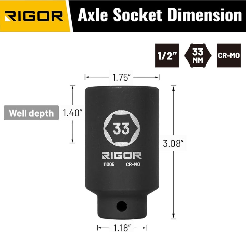 Rigor 11005 33mm Axle Nut Impact Socket | 1/2-Inch Drive, 6 Point, Deep, CR-MO, Metric | Quick-Fit for Hog Ring Anvil | Laser Etched - Image 2