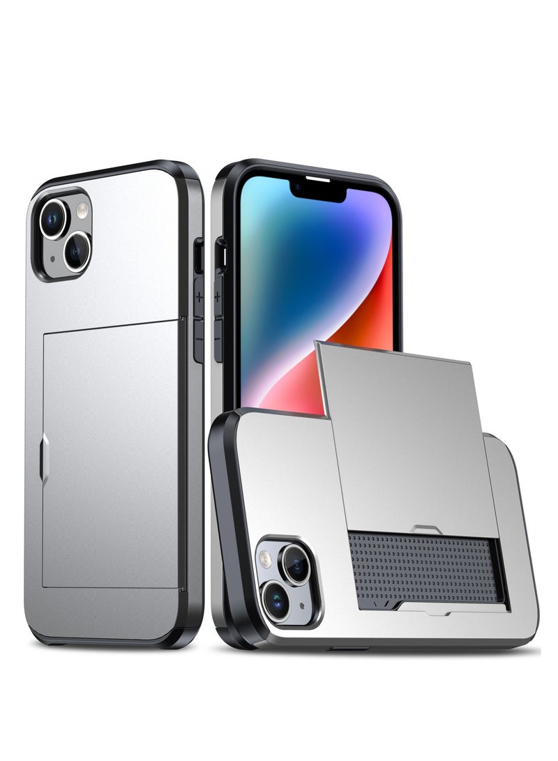GULFLINK iPhone 15 Plus Case with Card Holder Heavy Duty Dual Layer Hidden Card Slot Slim Wallet case Silver - Image 1