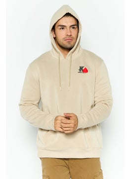 Men Hooded Embroidered Logo Long Sleeves Sweatshirt, Beige