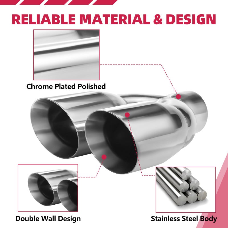 A-KARCK Dual Exhaust Tip 3 Inch Inlet 4" Dual Outlet 12" Overall Length Polished Stainless Weld-On Duo Layer Angle Exhaust Tailpipe Tips for Car Truck - Image 3