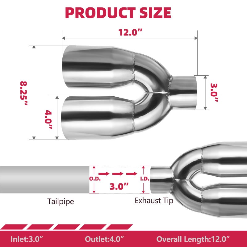 A-KARCK Dual Exhaust Tip 3 Inch Inlet 4" Dual Outlet 12" Overall Length Polished Stainless Weld-On Duo Layer Angle Exhaust Tailpipe Tips for Car Truck - Image 2