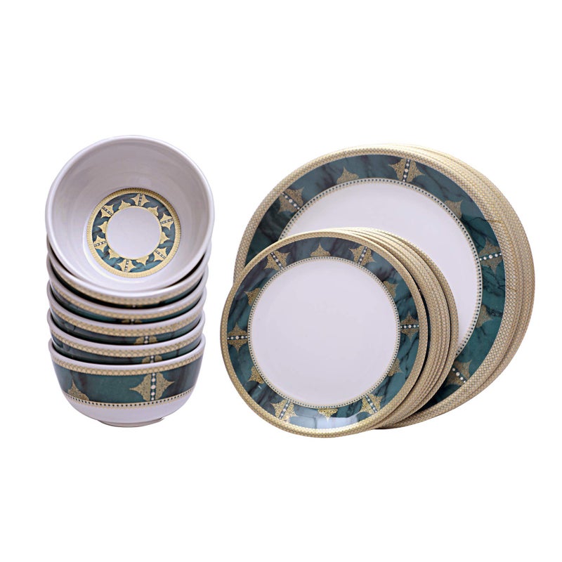 Serve n Style طقم عشاء ميلامين سيرف ن ستايل مكون من 24 قطعة باللون الأبيض والأخضر مع حافة ذهبية - Image 1