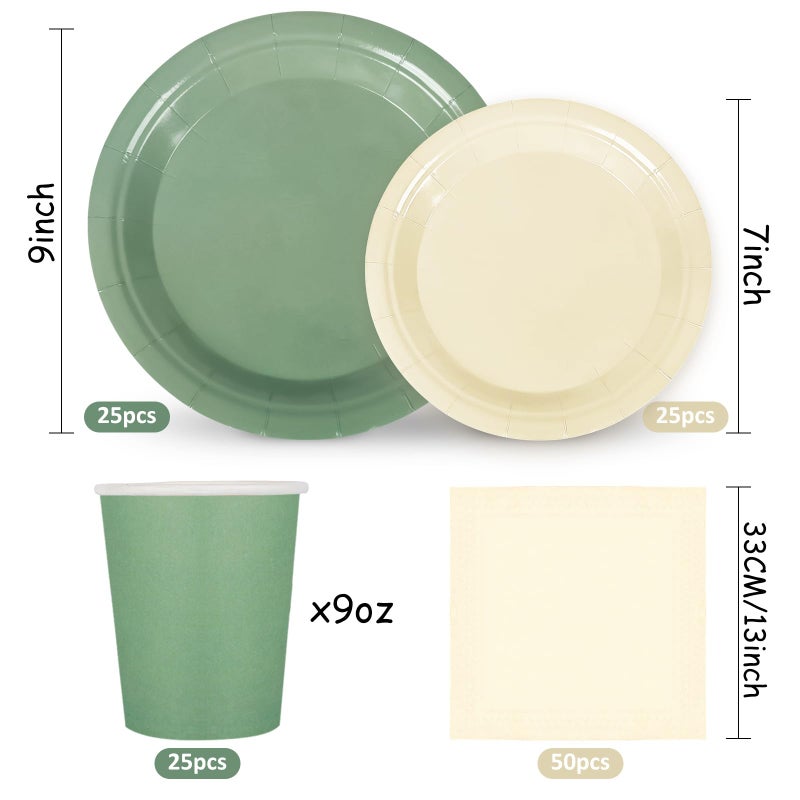Whaline 100Pcs Ivory Sage Green Tableware Set Wedding Disposable Dinnerware 50Pcs Paper Plates 25Pcs Napkin 25Pcs Cups For Birthday Party Supplies Table Decor - Image 2