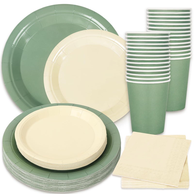 Whaline 100Pcs Ivory Sage Green Tableware Set Wedding Disposable Dinnerware 50Pcs Paper Plates 25Pcs Napkin 25Pcs Cups For Birthday Party Supplies Table Decor - Image 1