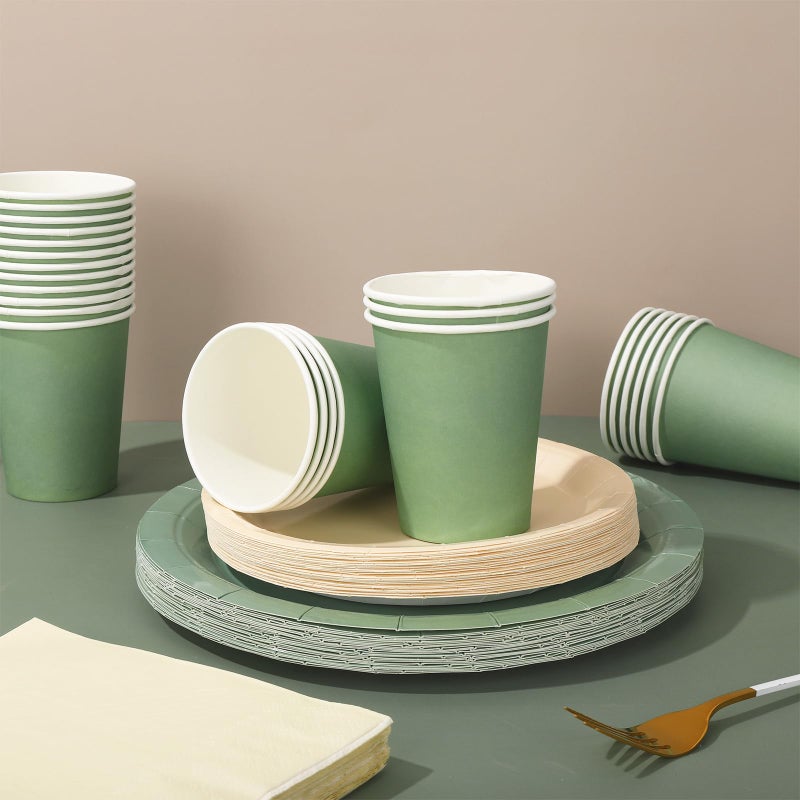 Whaline 100Pcs Ivory Sage Green Tableware Set Wedding Disposable Dinnerware 50Pcs Paper Plates 25Pcs Napkin 25Pcs Cups For Birthday Party Supplies Table Decor - Image 5