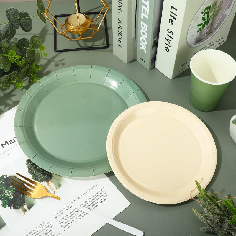 Whaline 100Pcs Ivory Sage Green Tableware Set Wedding Disposable Dinnerware 50Pcs Paper Plates 25Pcs Napkin 25Pcs Cups For Birthday Party Supplies Table Decor - Image 3