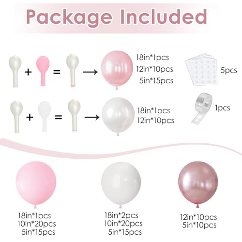Blocesa Pink and White Balloons Arch Kit Double Stuffed Pastel Pink Balloon Garland Include Light Pearl Pink White and Metallic Pink Balloons for Coquette Wedding Birthday Party Bridal Shower Decorations - Image 3