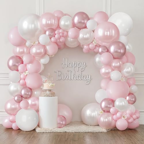 Blocesa Pink and White Balloons Arch Kit Double Stuffed Pastel Pink Balloon Garland Include Light Pearl Pink White and Metallic Pink Balloons for Coquette Wedding Birthday Party Bridal Shower Decorations - Image 1
