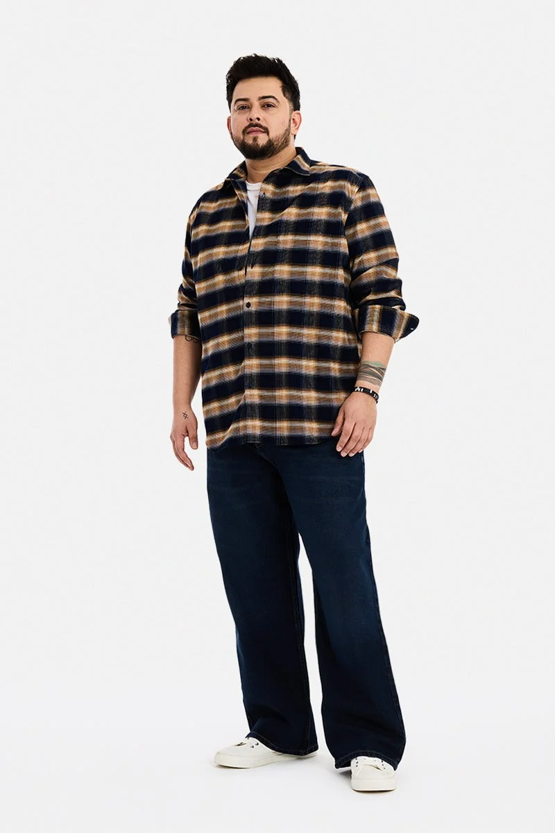 سنيتش Navy Checkered Long Sleeve Regular Fit Plus Size Shirt