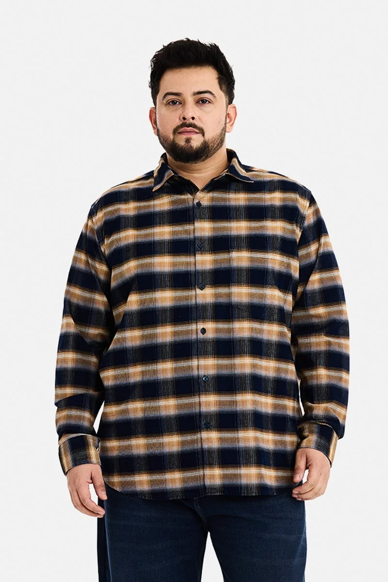 سنيتش Navy Checkered Long Sleeve Regular Fit Plus Size Shirt