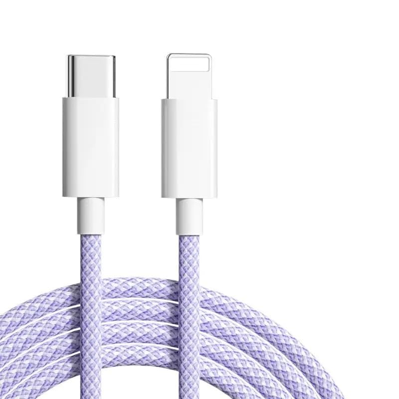 Punnkk Nylon Braided USB-C to Lightning Fast Charging Cable Compatible for iPhone 14, 13, 12,11, X, 8, 7, 6, 5, iPad Air, Pro, Mini, iPad Purple Color - Image 1