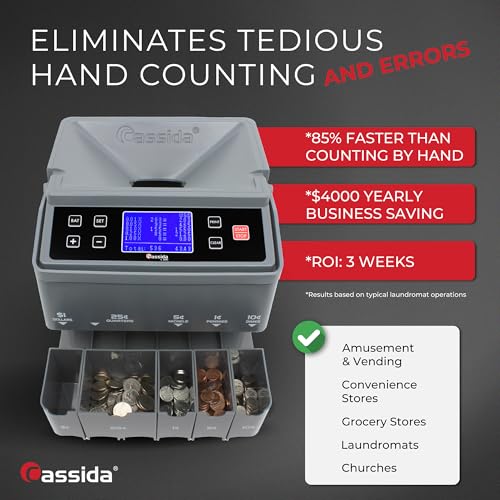 Cassida C300 Professional USD Coin Counter, Sorter and Wrapper/Roller, 300 coins/min, with Quickload and Printing-Compatible,Gray - Image 2