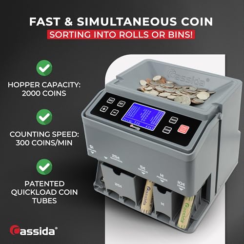 Cassida C300 Professional USD Coin Counter, Sorter and Wrapper/Roller, 300 coins/min, with Quickload and Printing-Compatible,Gray - Image 5