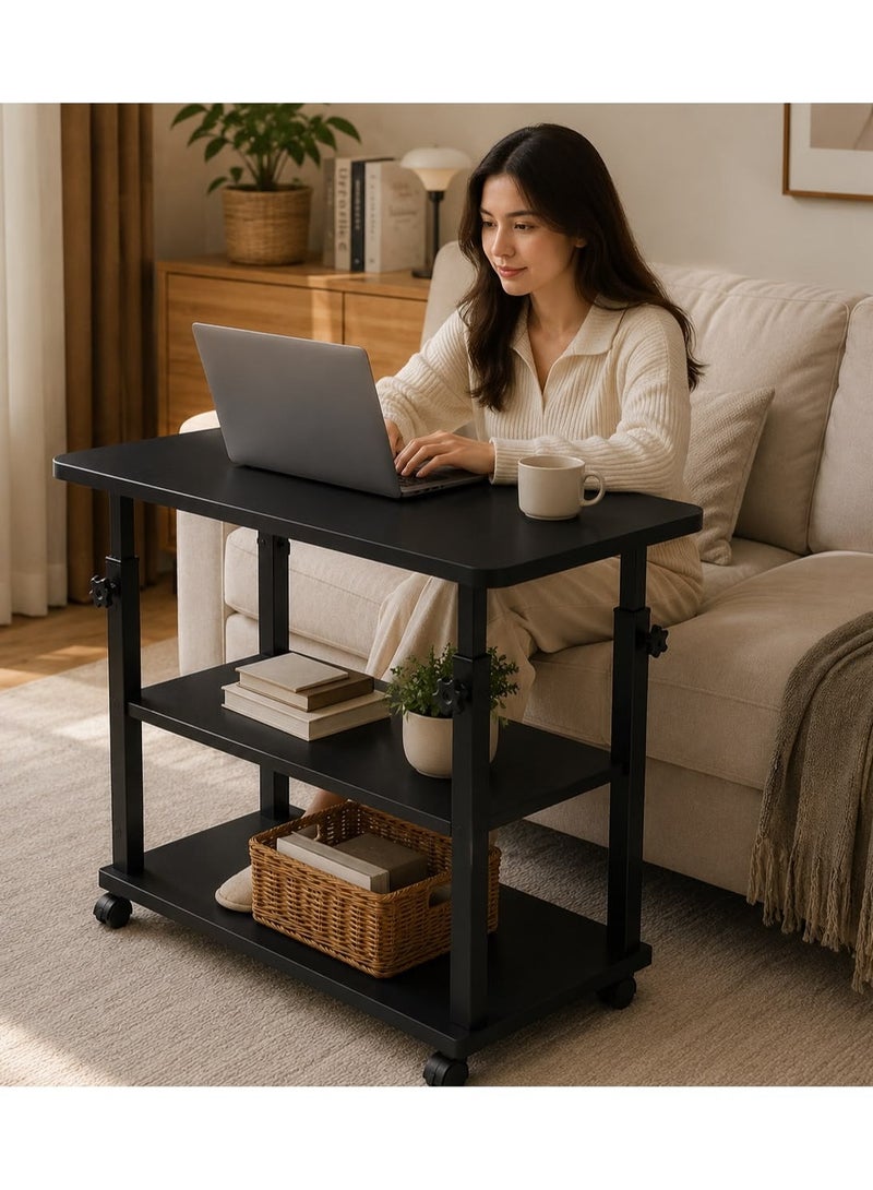 Maanys Height Adjustable Laptop Table with Tiltable Desktop, 80 × 40 CM Computer Desk, Rolling Study Table with Storage Shelf & Lockable Wheels, Ergonomic Workstation for Home, Office & Bedroom – Black - Image 3