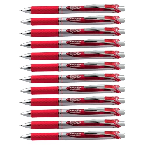 Pentel قلم جل بنتل إنرجل ديلوكس RTX، رأس معدني متوسط، أسطوانة حمراء/فضية، حبر أحمر، علبة من 12 (BL77-B) - Image 1