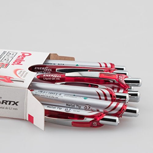 Pentel قلم جل بنتل إنرجل ديلوكس RTX، رأس معدني متوسط، أسطوانة حمراء/فضية، حبر أحمر، علبة من 12 (BL77-B) - Image 2