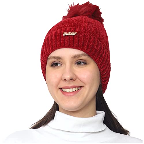 RR DESIGN Winter Warm Wool Pom Pom Hat Soft Thick Knit Acrylic Beanie Hat Caps-Winter Headgear for Girls and Women's (Maroon) - Image 1