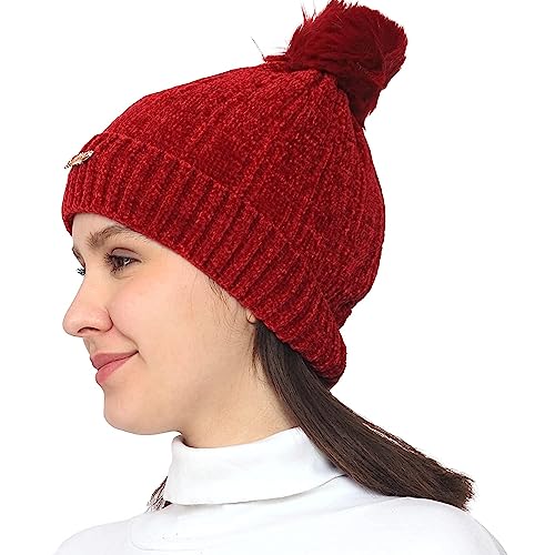 RR DESIGN Winter Warm Wool Pom Pom Hat Soft Thick Knit Acrylic Beanie Hat Caps-Winter Headgear for Girls and Women's (Maroon) - Image 2