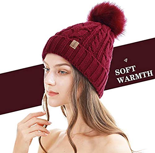 RR DESIGN Winter Warm Wool Pom Pom Hat Soft Thick Knit Acrylic Beanie Hat Caps-Winter Headgear for Girls and Women's (Maroon) - Image 3