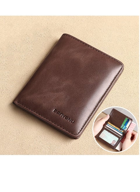 Men's Genuine Leather Wallet, Ultra-Thin Top Layer Cowhide, Simple Short Style, Coffee Color (Retro Top Layer Cowhide)