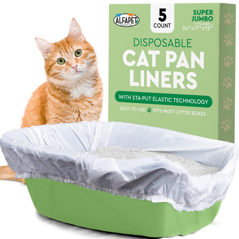 Alfapet Elastic Cat Litter Box Liners - Super Jumbo 5 Count - Tear-Resistant Cat Litter Bags, Waterproof Kitty Litter Liners - Fits Litterbox Pan Sizes X-Giant, Jumbo, 42" x 20" x 2 MIL 30 lb Capacity - Image 1
