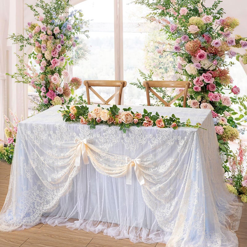 B.Cool B-COOL Vintage Lace Tablecloth Rectangle 60x120 Inches Long Embroidered Ivory Table Cloths for Parties Wedding Reception Home Decorations - Image 2