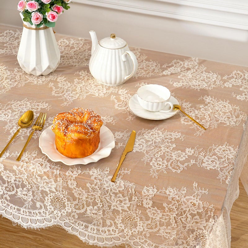 B.Cool B-COOL Vintage Lace Tablecloth Rectangle 60x120 Inches Long Embroidered Ivory Table Cloths for Parties Wedding Reception Home Decorations - Image 5
