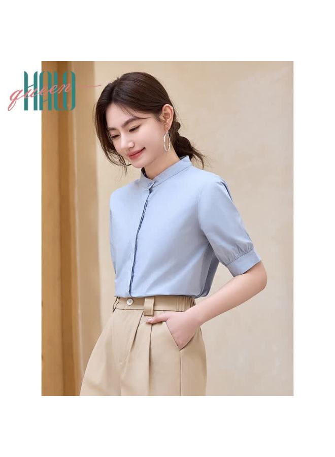 HALOQUEEN Halo Queen Women's Short-sleeve Shirt, Summer V-neck, Light Blue, Hidden Button, Interview Professional Commuter Blouse H52s014 - Image 2