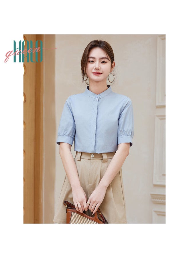 HALOQUEEN Halo Queen Women's Short-sleeve Shirt, Summer V-neck, Light Blue, Hidden Button, Interview Professional Commuter Blouse H52s014 - Image 4