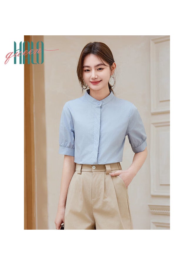 HALOQUEEN Halo Queen Women's Short-sleeve Shirt, Summer V-neck, Light Blue, Hidden Button, Interview Professional Commuter Blouse H52s014 - Image 1