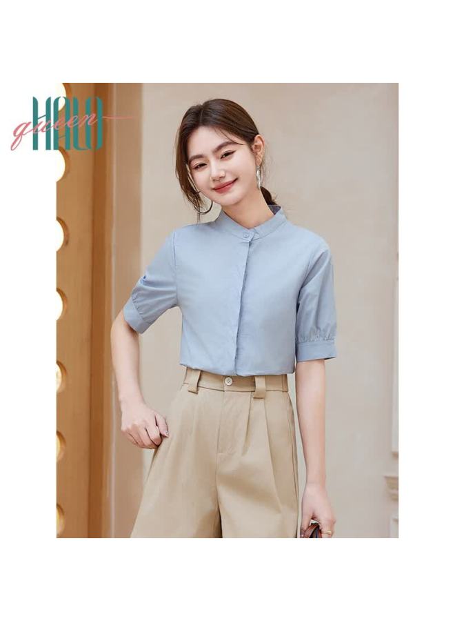 HALOQUEEN Halo Queen Women's Short-sleeve Shirt, Summer V-neck, Light Blue, Hidden Button, Interview Professional Commuter Blouse H52s014 - Image 3