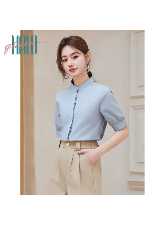 HALOQUEEN Halo Queen Women's Short-sleeve Shirt, Summer V-neck, Light Blue, Hidden Button, Interview Professional Commuter Blouse H52s014 - Image 5