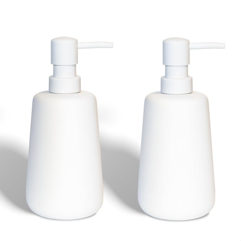ABBI NIMO 2 Pack Matte White Ceramic Soap Dispenser 13 oz Refillable Bathroom or Kitchen Countertop Dispenser with Soft Touch Rubber Coating Matte White