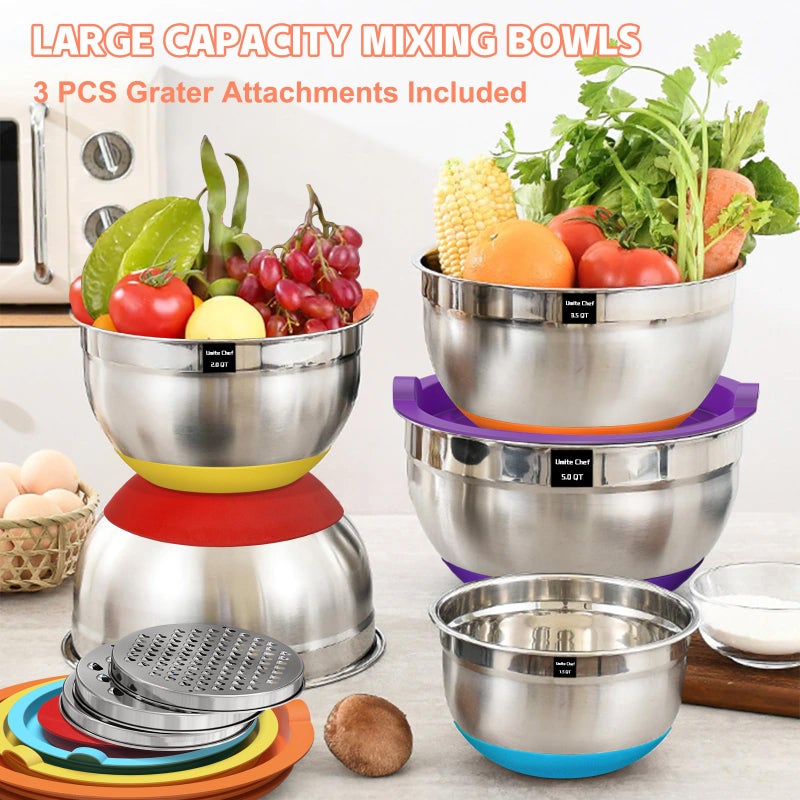 Umite Chef Mixing Bowls with Airtight Lids Set, 8PCS Stainless Steel Nesting Bowls Set, 3 Grater Attachments & Non-Slip Bottoms, Size 5, 4, 3.5, 2, 1.5QT for Baking & Mixing(Colorful) - Image 5