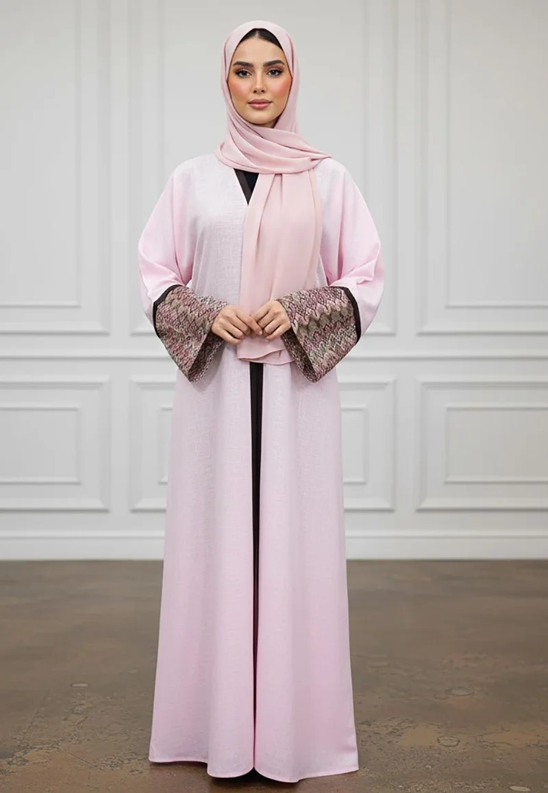 NUKHBAA Elegant Pastel Pink Abaya with Patterned Cuffs | Linan Fabric-878