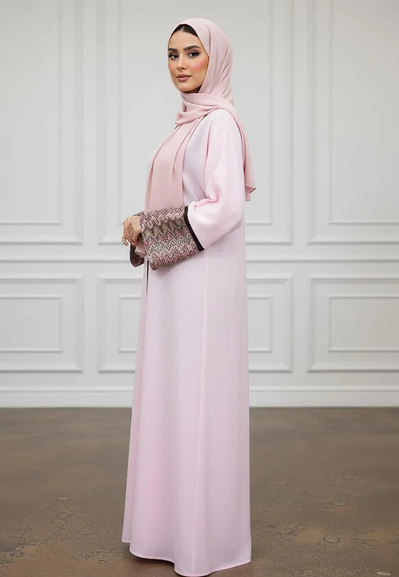 NUKHBAA Elegant Pastel Pink Abaya with Patterned Cuffs | Linan Fabric-878