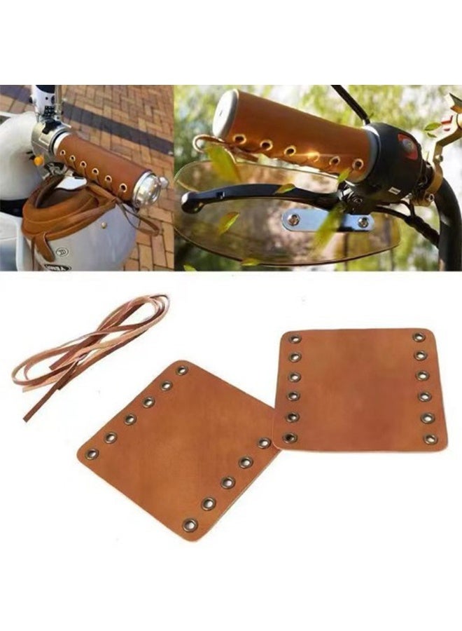 2 Pcs Leather Walking Stick Grip Kit Anti-Slip Handlebar Hand Grips Thruster Covers Wraps with 2Pcs Strap Rope for Motorbikes Bicycle Modification Accessories Camel Color 4.61 x 4.37 Inch - Image 1