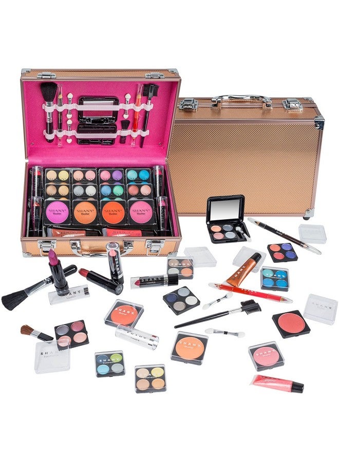 Shany Carry All Makeup Train Case With Pro Makeup Set, Makeup Brushes, Lipsticks, Eye Shadows, Blushes, Powders, And More - Reusable Makeup Storage Organizer - Premium Gift Packaging - Rose Gold - Image 1