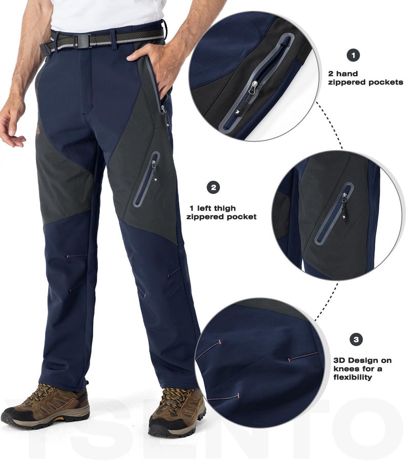 Ysento Men'S Fleece Lined Ski Snow Pants Winter Waterproof Softshell Insulated Hiking Cargo Pants Navy Size 34 - Image 4
