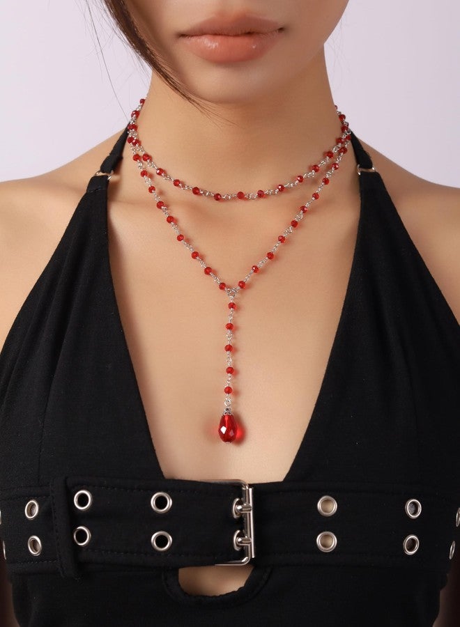 Sacina Layered Red Teardrop Y Necklace - Image 2