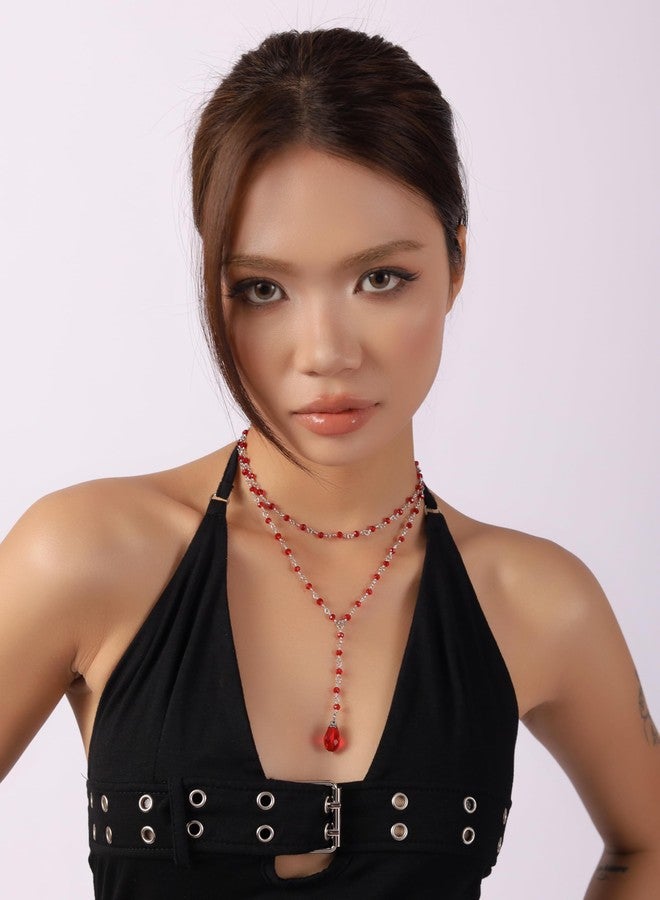 Sacina Layered Red Teardrop Y Necklace - Image 3