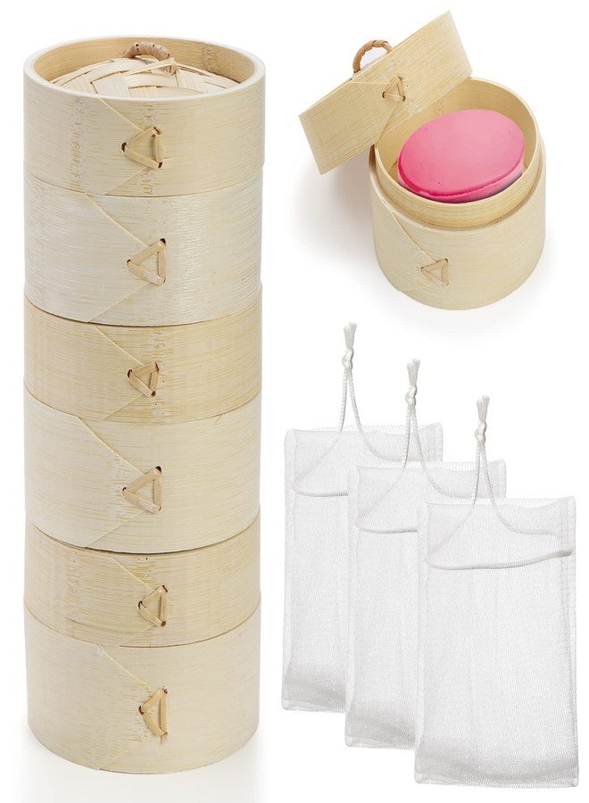Lyellfe 3 Pack Bamboo Bar Holder, Natural Soap Dishes with Lid Foaming Net, Round Shampoo Soap Tray Saver Box, Mini Snack Steamer Container for Travel, Bathroom, Shower - Image 1