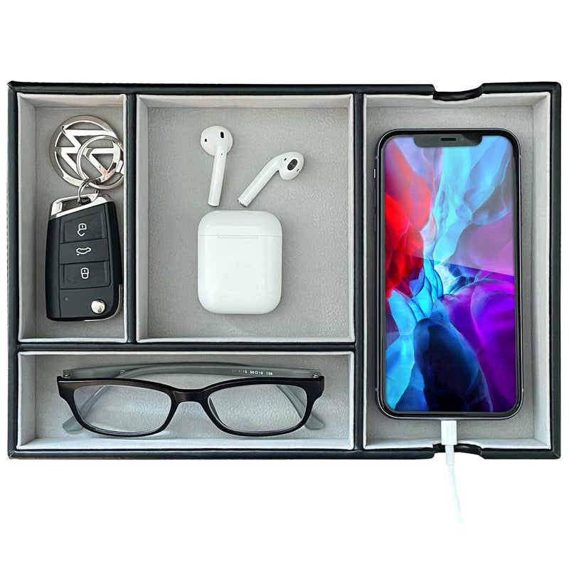 SUKKMORI SUKKMORI Valet Tray for Men and Women  PU Leather Nightstand Organizer with 4 Compartments Desk Catchall Tray for Phone Wallet 