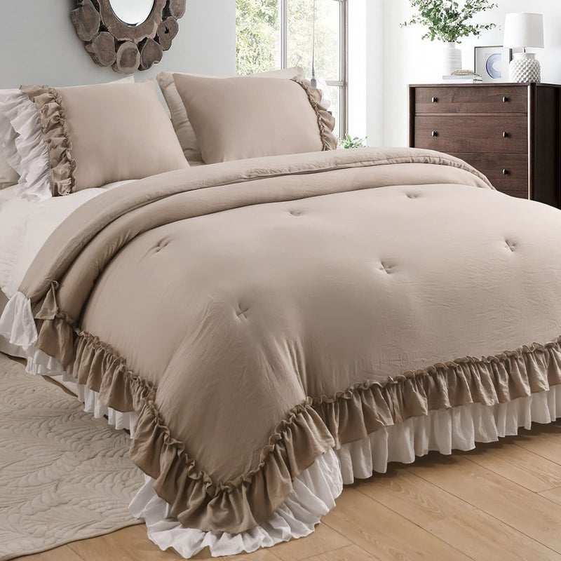 Masaca Taupe Ruffled Comforter King SizeFarmhouse Rustic Bedding Shabby Boho Chic Taupe Bedding Vintage Aesthetic Lightweight Fluffy Comforter Set 3 Pieces