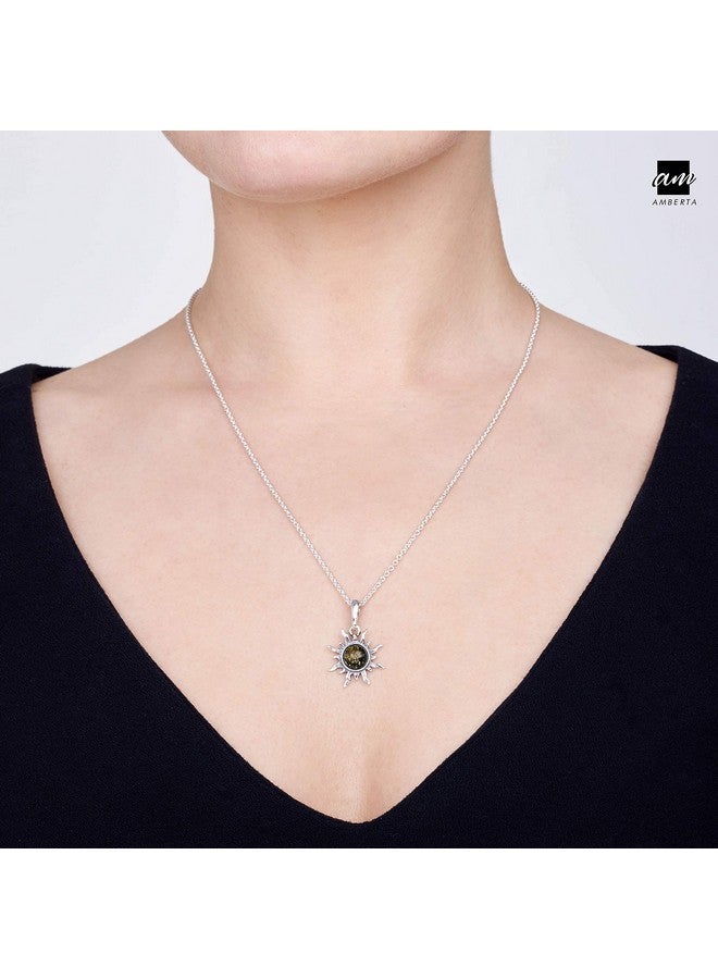Amberta 925 Sterling Silver With Genuine Baltic Amber - Sun Pendant For Women - Green Stone Color - Image 4