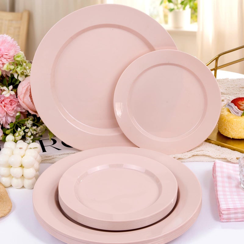 FLOWERCAT 200PCS Pink Plastic Plates Disposable Plates for Party - Heavy Duty Plastic Plates - 100 10" Pink Dinner Plates and 100 7" Pink Salad Plates for Weddings, Easter Parties,Mother's Day - Image 3