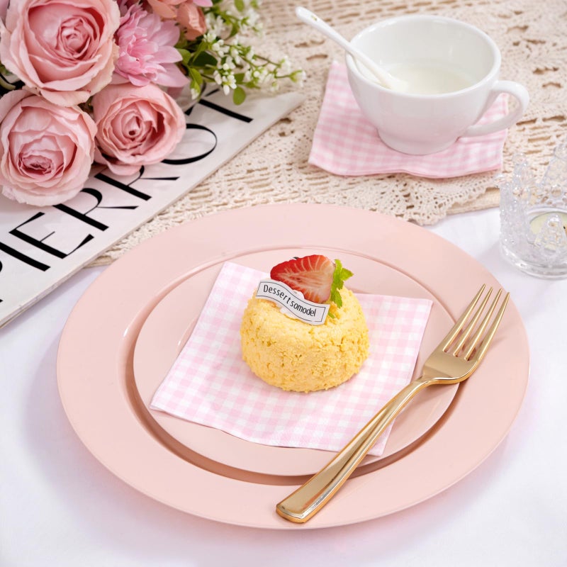 FLOWERCAT 200PCS Pink Plastic Plates Disposable Plates for Party - Heavy Duty Plastic Plates - 100 10" Pink Dinner Plates and 100 7" Pink Salad Plates for Weddings, Easter Parties,Mother's Day - Image 5