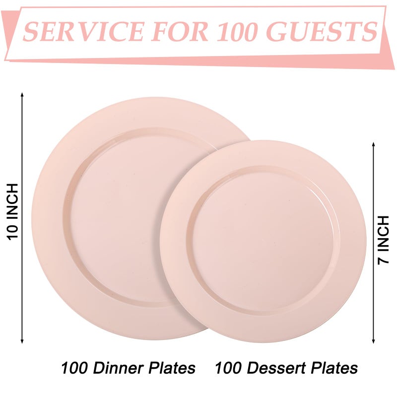 FLOWERCAT 200PCS Pink Plastic Plates Disposable Plates for Party - Heavy Duty Plastic Plates - 100 10" Pink Dinner Plates and 100 7" Pink Salad Plates for Weddings, Easter Parties,Mother's Day - Image 2